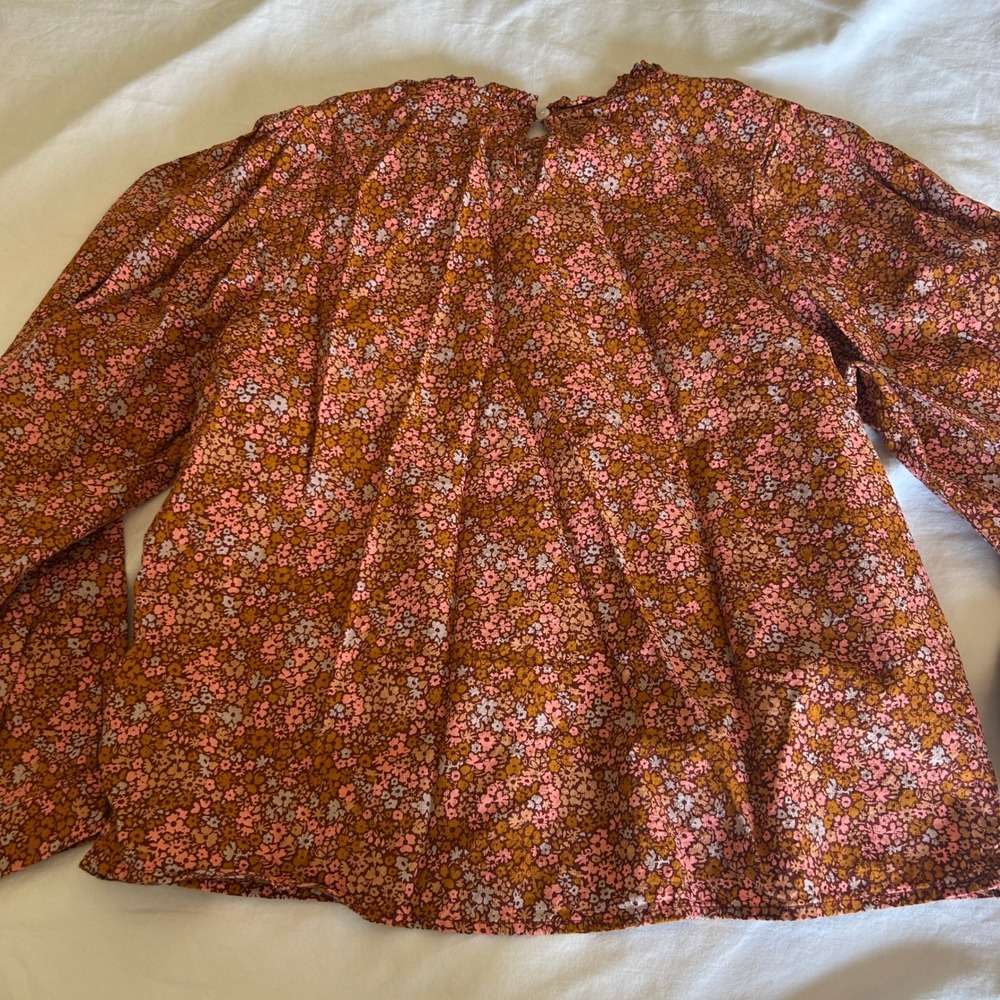 Universal Thread Floral Puff Sleeve Ruffle Neck Blouse Orange Pink Brown Medium
